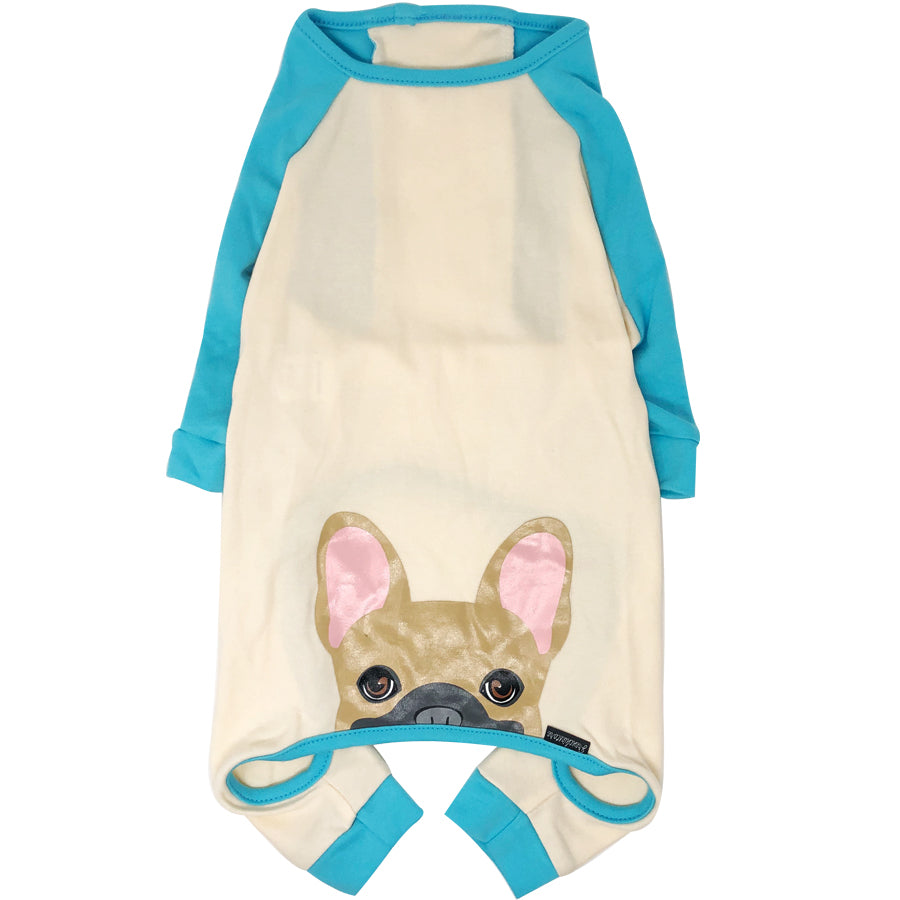 French Bulldog Pajamas in Aqua | Frenchie Clothing | Fawn w Mask Frenchie Dog, Frenchie Dog, French Bulldog pet products