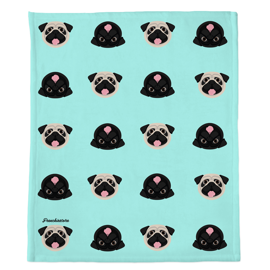 Pug Blanket | Different Pug dogs on Aqua, Frenchie Dog, French Bulldog pet products