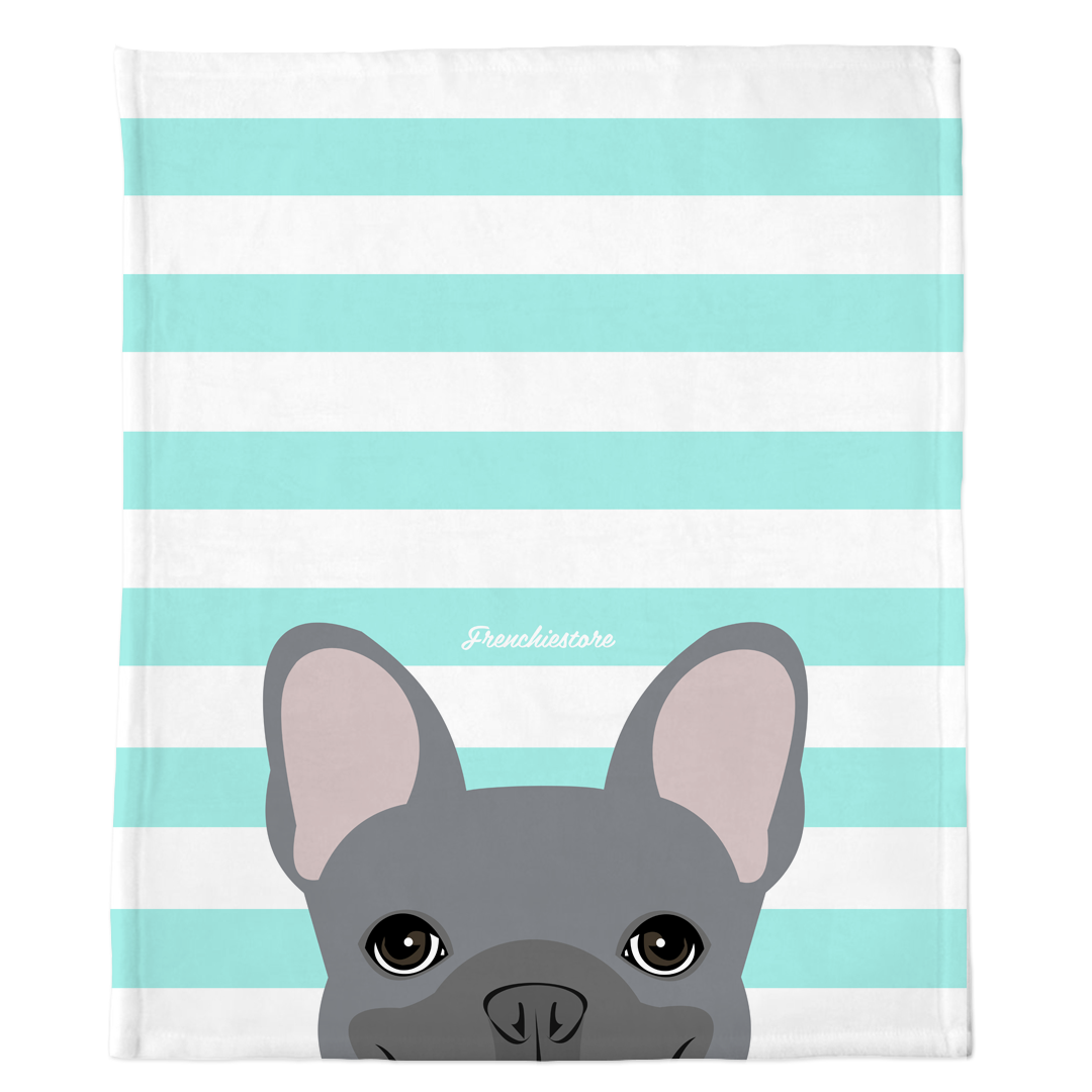 Blue French Bulldog on Aqua Stripes | Frenchie Blanket, Frenchie Dog, French Bulldog pet products