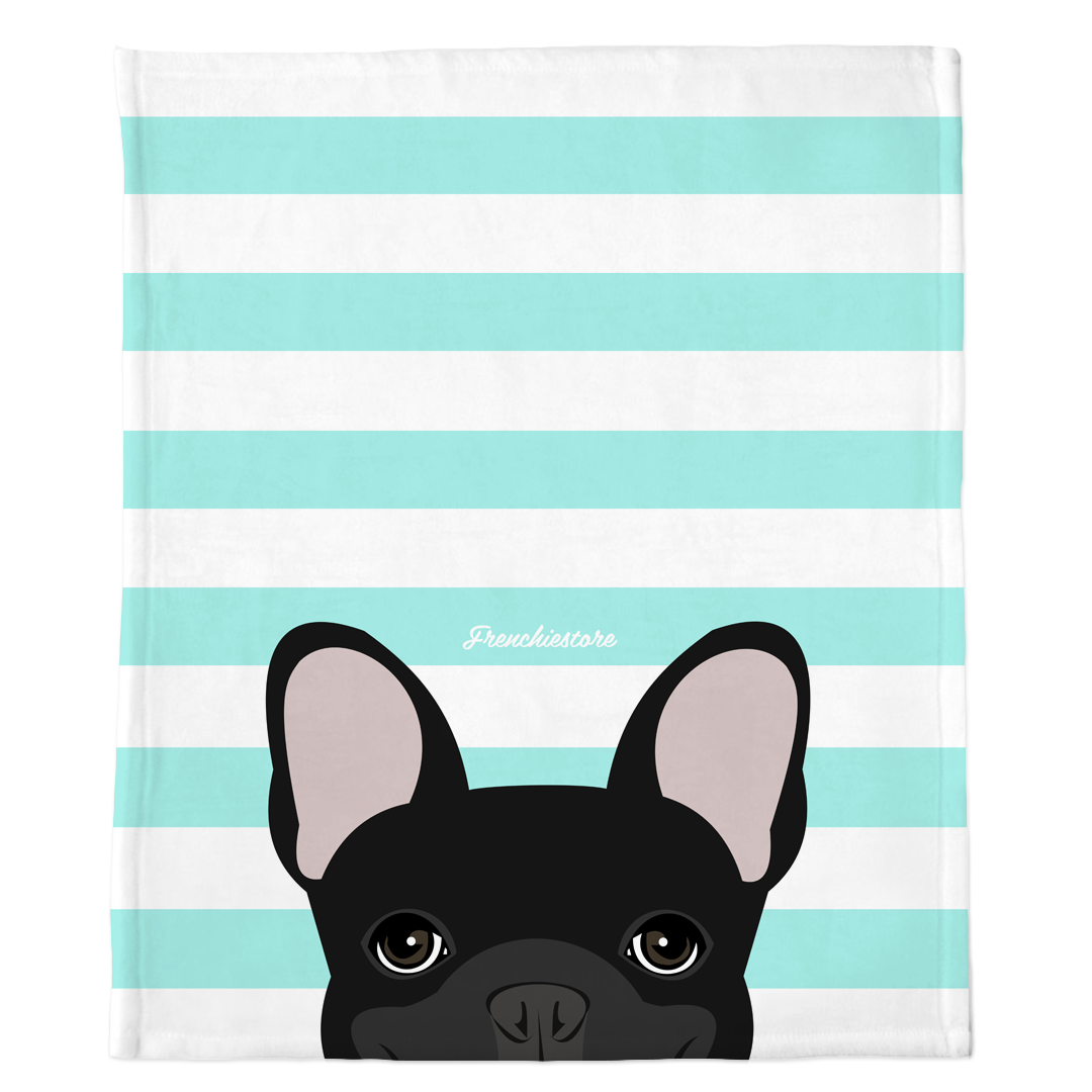 Black French Bulldog on Aqua Stripes | Frenchie Blanket, Frenchie Dog, French Bulldog pet products