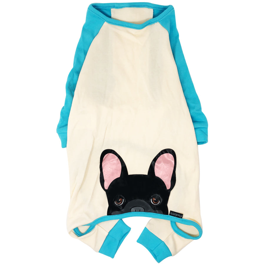 French Bulldog Pajamas in Aqua | Frenchie Clothing | Black Frenchie Dog, Frenchie Dog, French Bulldog pet products