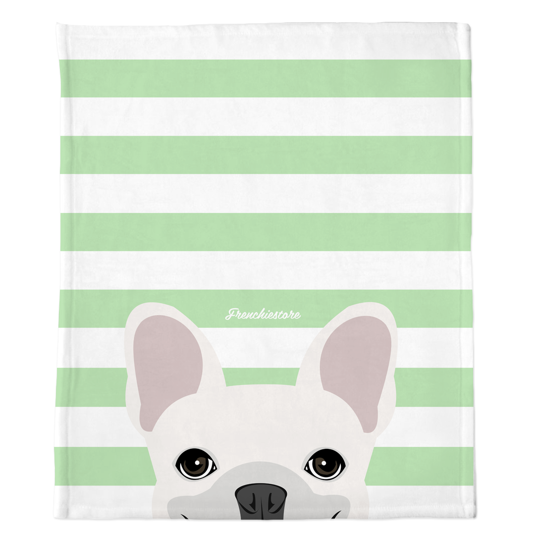 White French Bulldog on Mint Stripes | Frenchie Blanket, Frenchie Dog, French Bulldog pet products