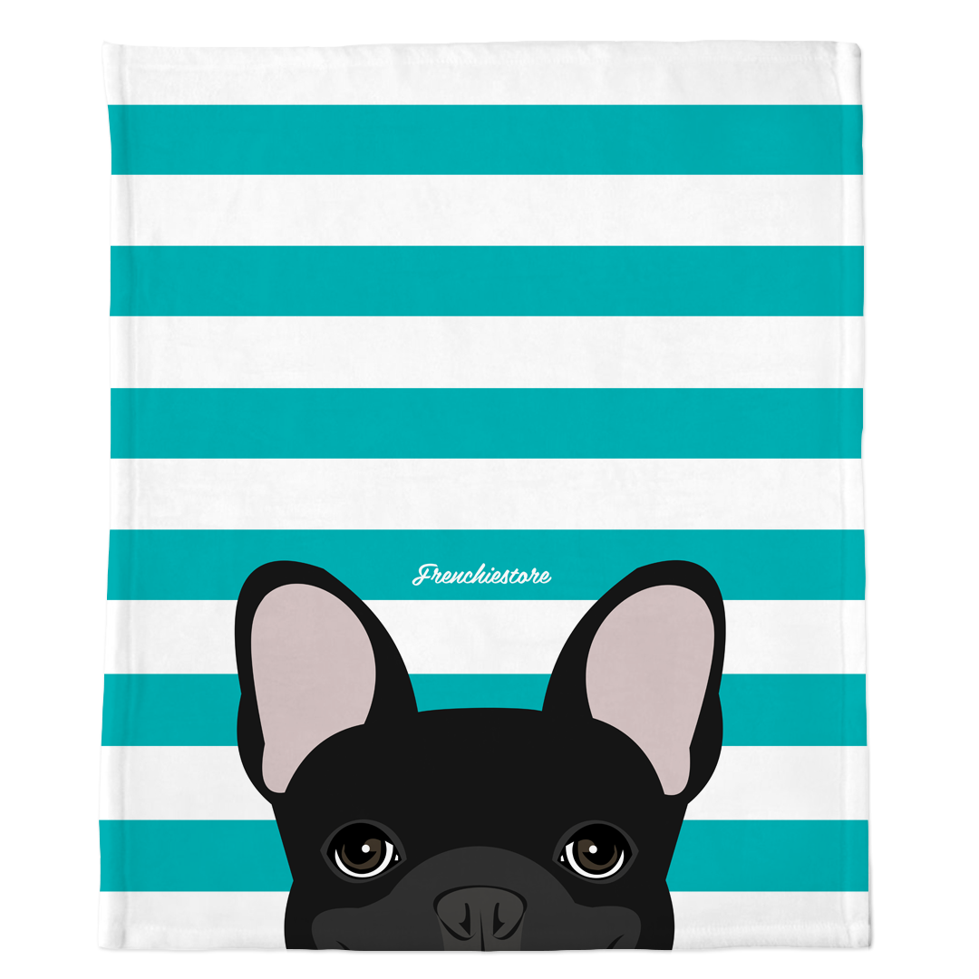 Black French Bulldog on Teal Stripes | Frenchie Blanket, Frenchie Dog, French Bulldog pet products
