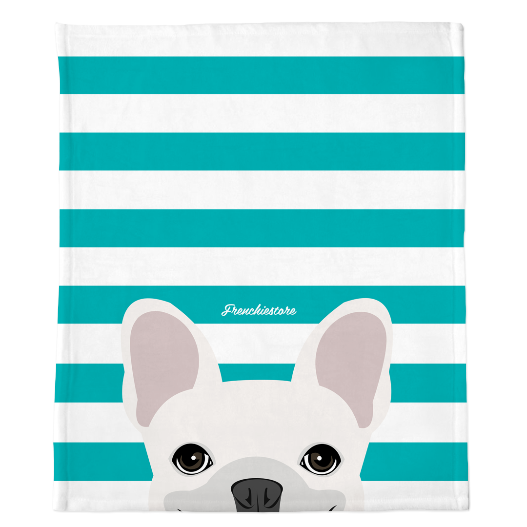 White French Bulldog on Teal Stripes | Frenchie Blanket, Frenchie Dog, French Bulldog pet products