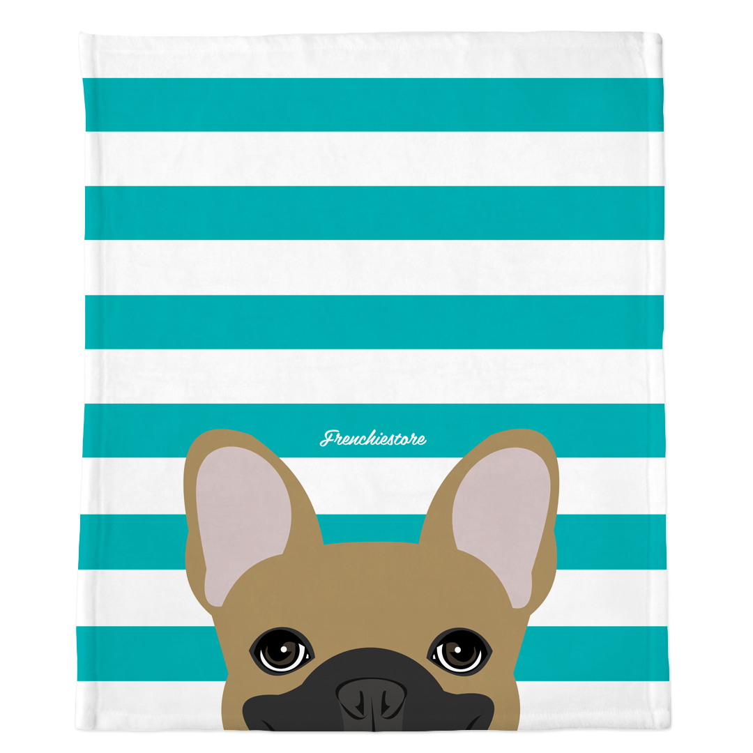 Masked Fawn French Bulldog on Teal Stripes | Frenchie Blanket, Frenchie Dog, French Bulldog pet products