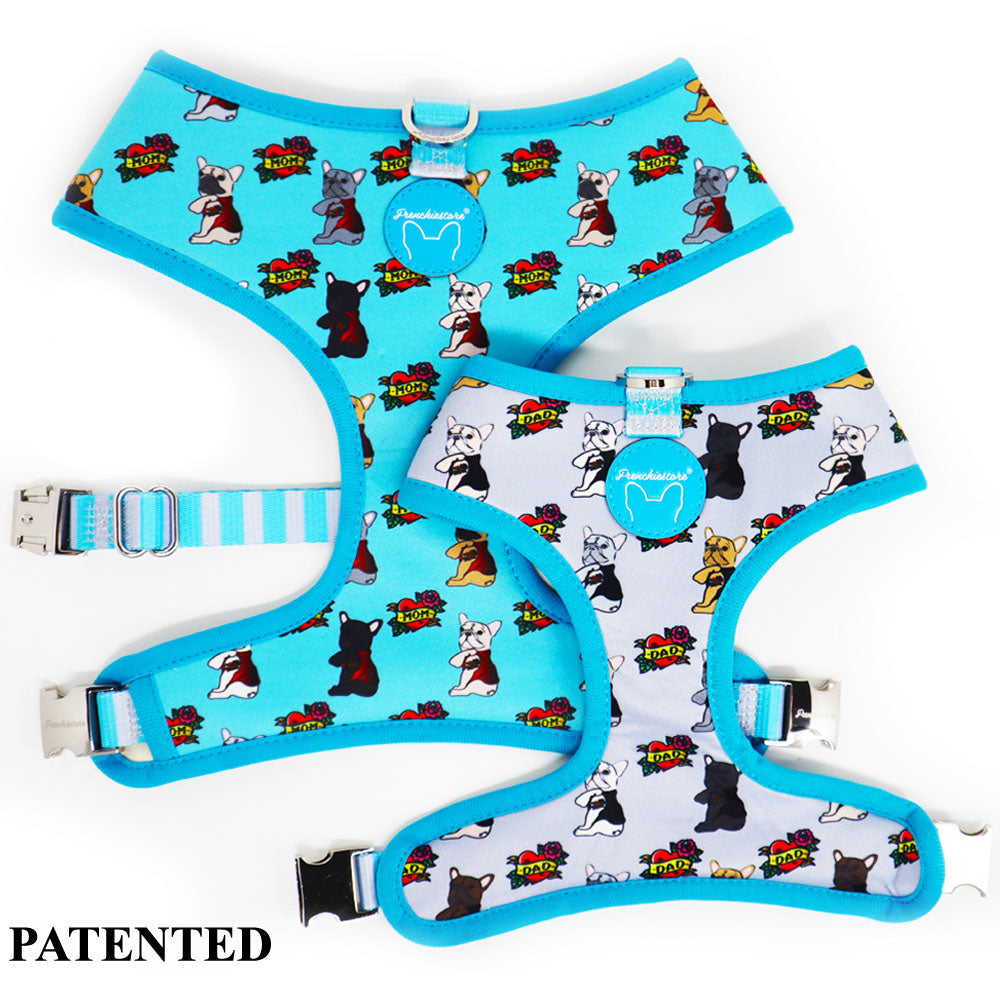 Frenchiestore Reversible Dog Health Harness | This Frenchie loves Mom/Dad in teal and grey, Frenchie Dog, French Bulldog pet products