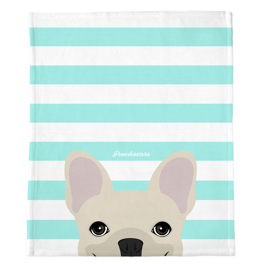 Cream French Bulldog on Aqua Stripes | Frenchie Blanket, Frenchie Dog, French Bulldog pet products