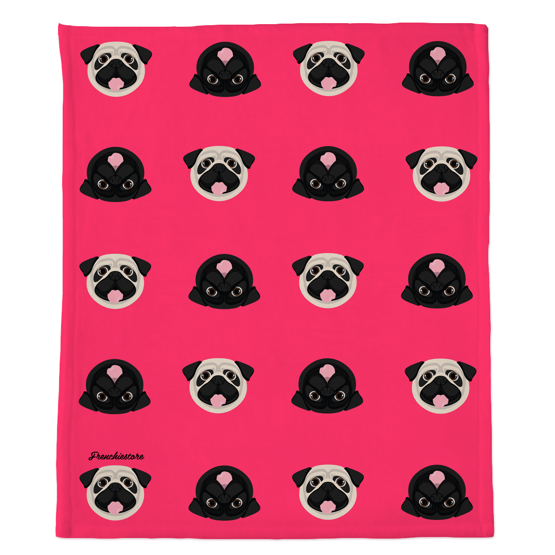 Pug Blanket | Different Pug dogs on Hot Pink, Frenchie Dog, French Bulldog pet products