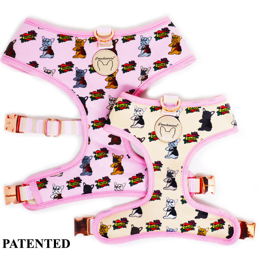 Frenchiestore Reversible Dog Health Harness | This Frenchie loves Mom/Dad in pink and tan, Frenchie Dog, French Bulldog pet products